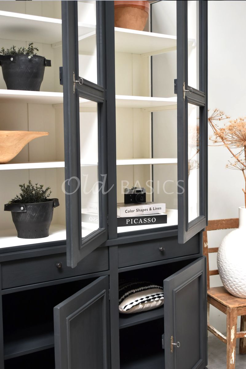 Detail van Vitrinekast Amiens, 3 deuren, RAL7021, grijs, zwart, materiaal hout
